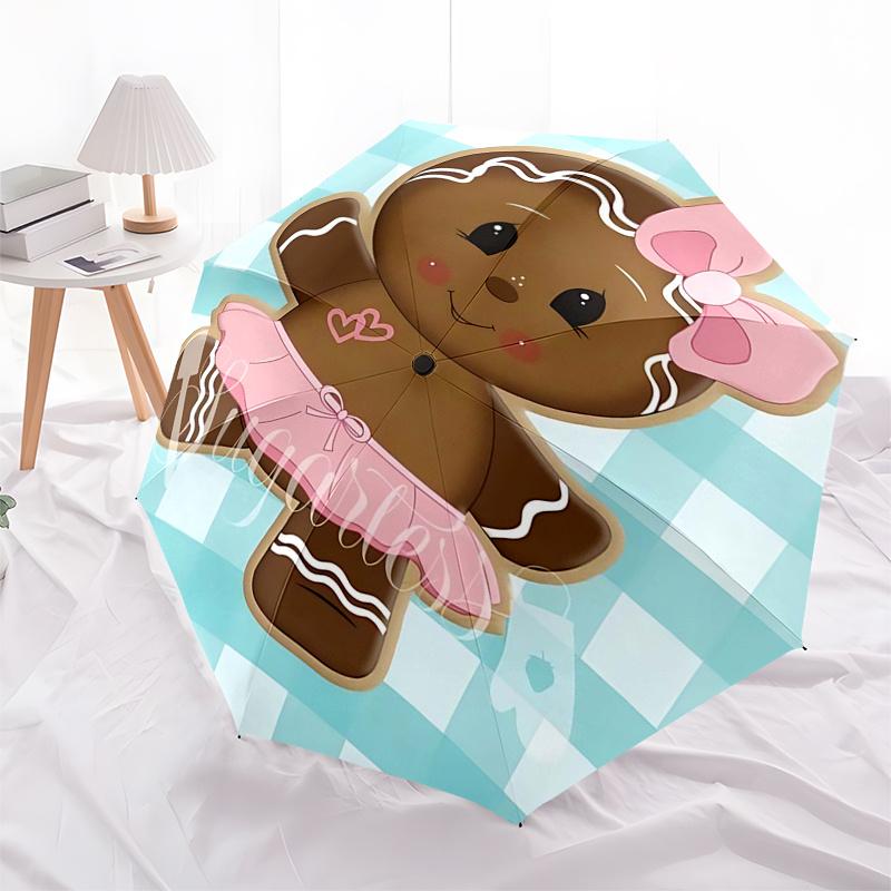 Parapluie de voyage sur le thème du bonhomme en pain d'épice - 8 baleines, ouverture et fermeture automatiques, design pliable portable, parapluie compact et élégant adapté