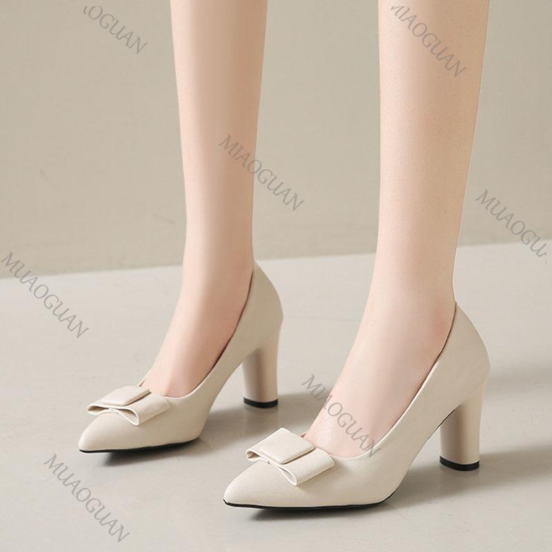 Elegant Heel Women's Shoes Spring Auutmn New Bow Ladies Temperament Thick High Heels Pointed Toe Woman Shoes Solid Women's Heels