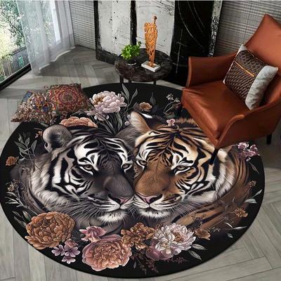 1Pcs Tiger Print Round Area Tapete Interior Antiderrapante Lavável Fibra Tapete Macio Confortável Para Quarto Sala de Estar