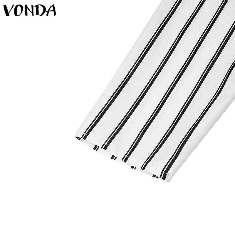 VONDA Women Turn Down Collar Casual Long Sleeve Striped Baggy Maxi Long Dress