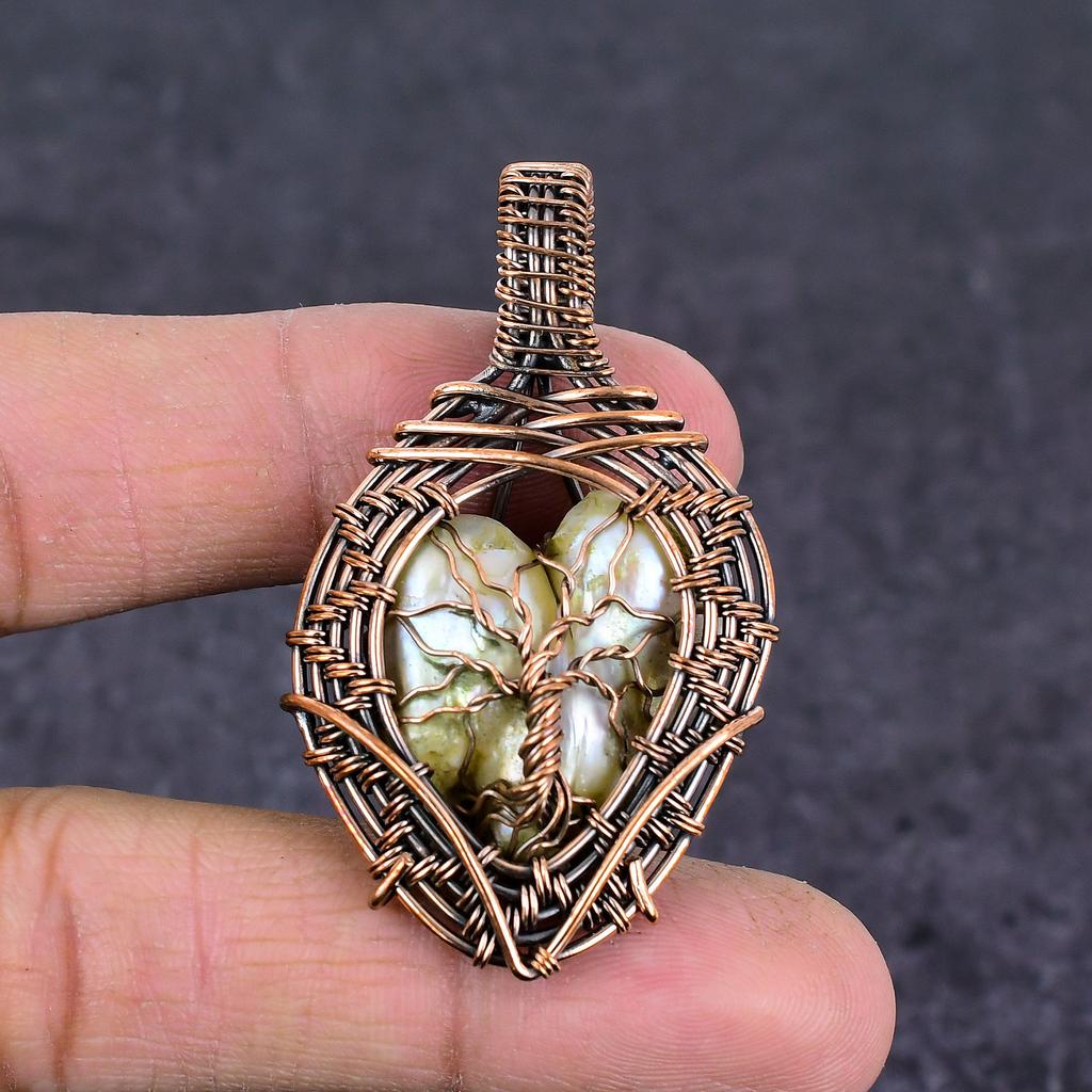 Natural Biwa Pearl Gemstone Handmade Copper Wire Wrap Jewelry Pendant 2.21" u1Z76