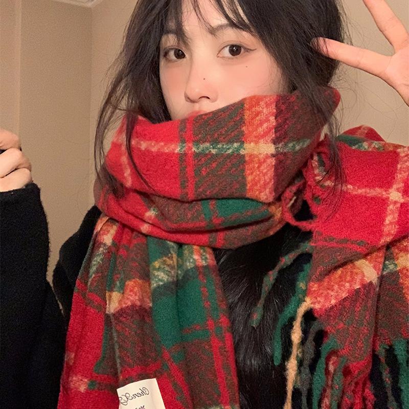 Red Scarf Women's Winter Korean Version Plaid Versatile Warm Imitation Cashmere High-end Trendy New Year's Gift Christmas Scarf