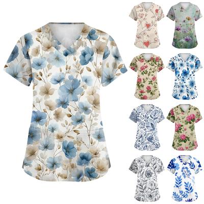 Women's Fashionable V,neck Short,Sleeved Work Top With Double Side Slits And Pockets, Featuring A Retro Floral Print.