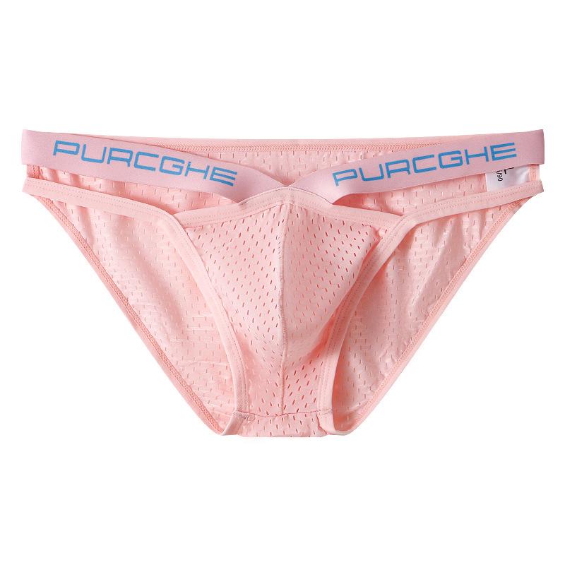 Mens Bikini Underwear Bulge Pouch Panties Mesh Cutout Briefs Male Sexy Swimwear Low Rise Breathable Cheeky Lingerie Pink