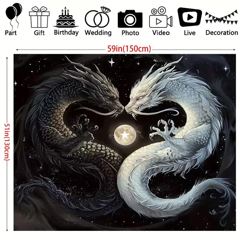 2D Flat Printing Yin Yang Dragon Tapestry, Starry Sky Dragon Art Backdrop for Bedroom