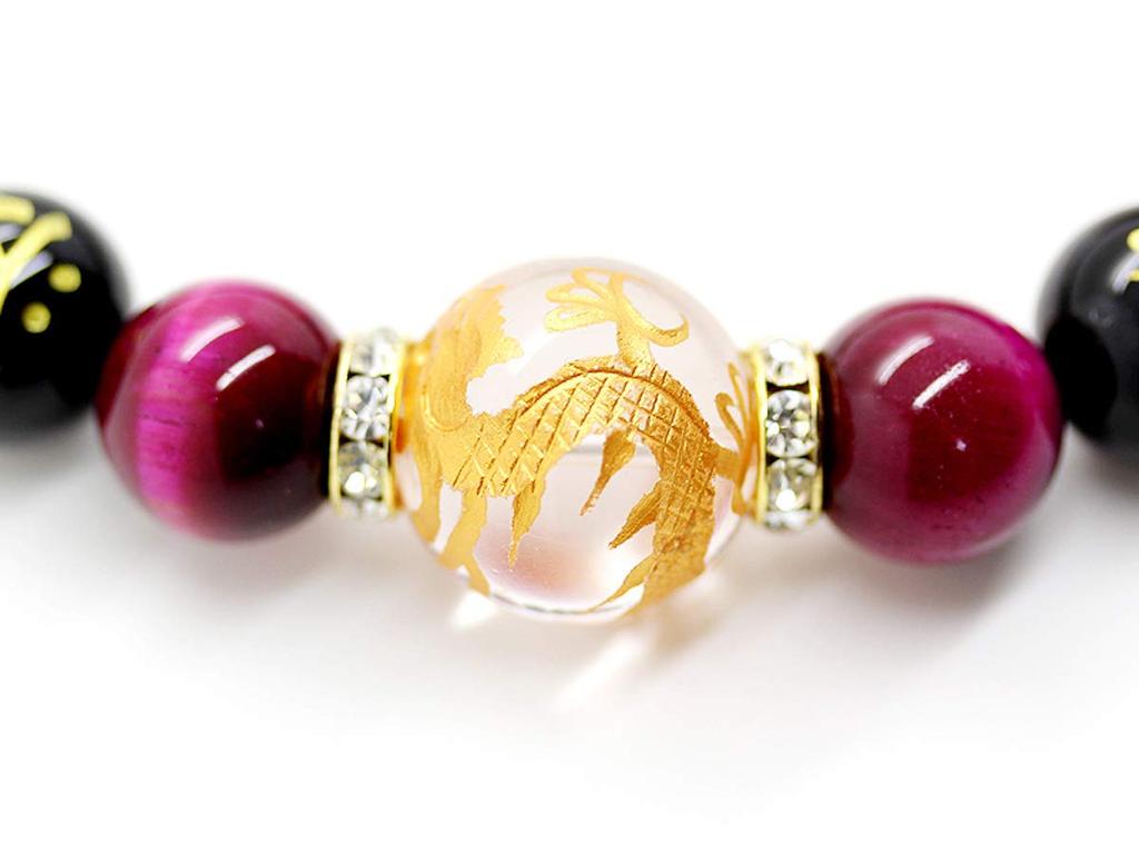 [Seki-Kira] 4A Pink Tiger Eye, Sanskrit Onyx, Gold Carved Dragon Crystal, 18mm Prayer Beads Necklace, Natural Stone, 065