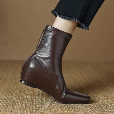 Korean Version Leather Martin Boots Women's Rear Zipper Solid Color Large Size Women's Boots Rubber Sole Autumn and Winter New Women's Martin Boots