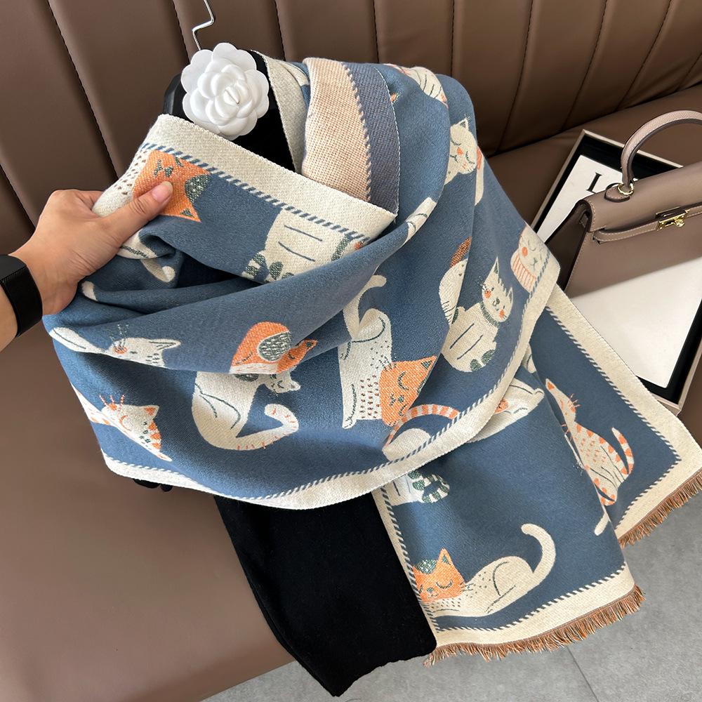 Double-Sided Cute Kitten Cashmere Scarf - Women's Fashion Winter Neck Warmer Shawl