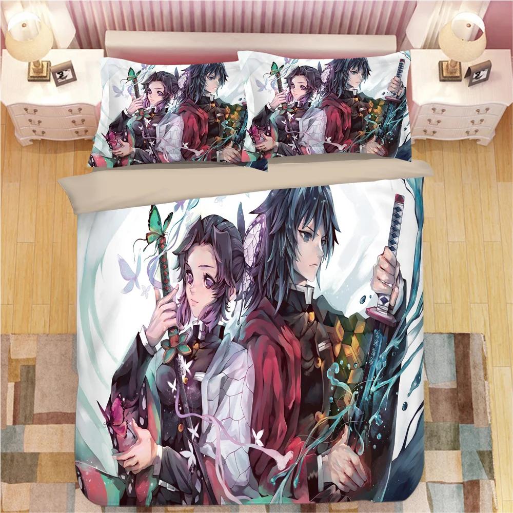 Demon Slayer Bedding Sets Cartoon Duvet Cover Bed Linen Boys Kids Single Double Size Soft Bedclothes Home Decor Anime Comforter