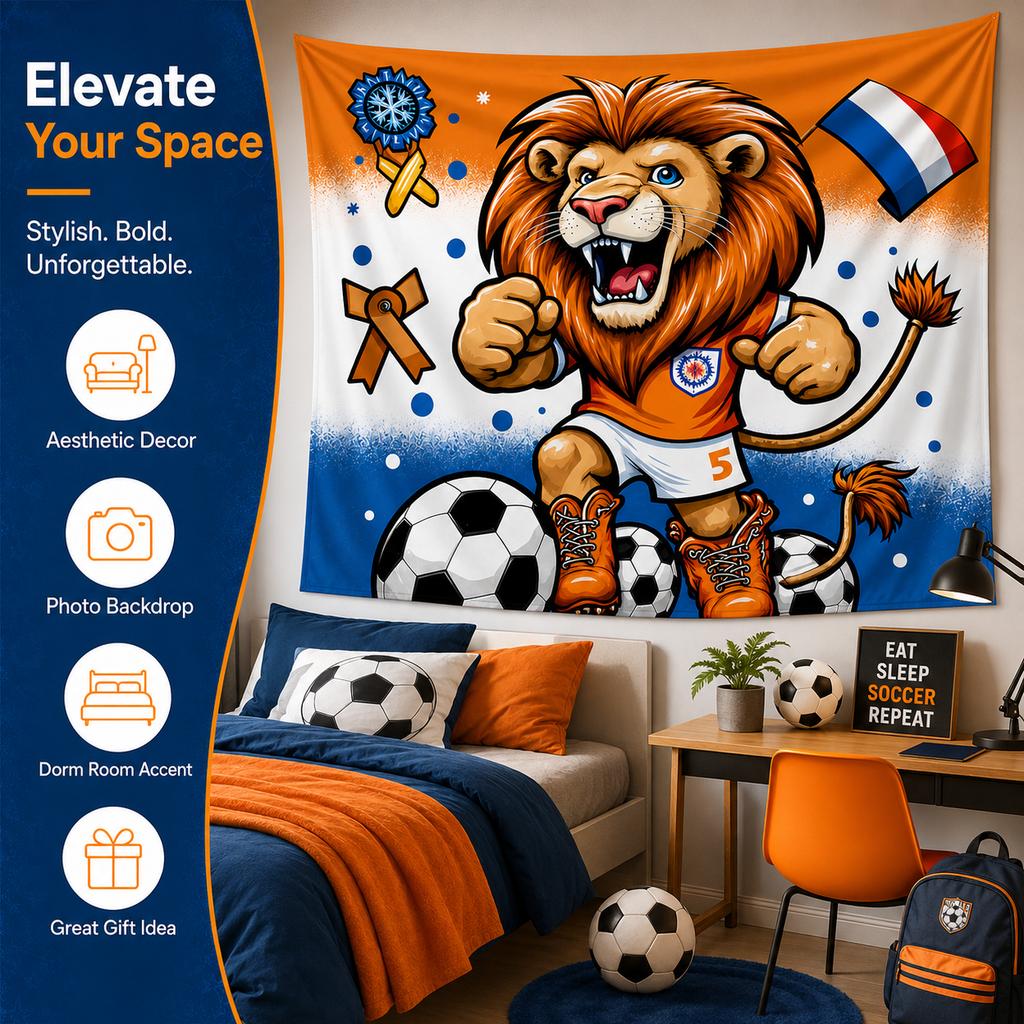 Flat Print Netherlands Flag Soccer Tapestry World Championship Cartoon Lion Mascot Wall Hanging For Sports Fan Gift