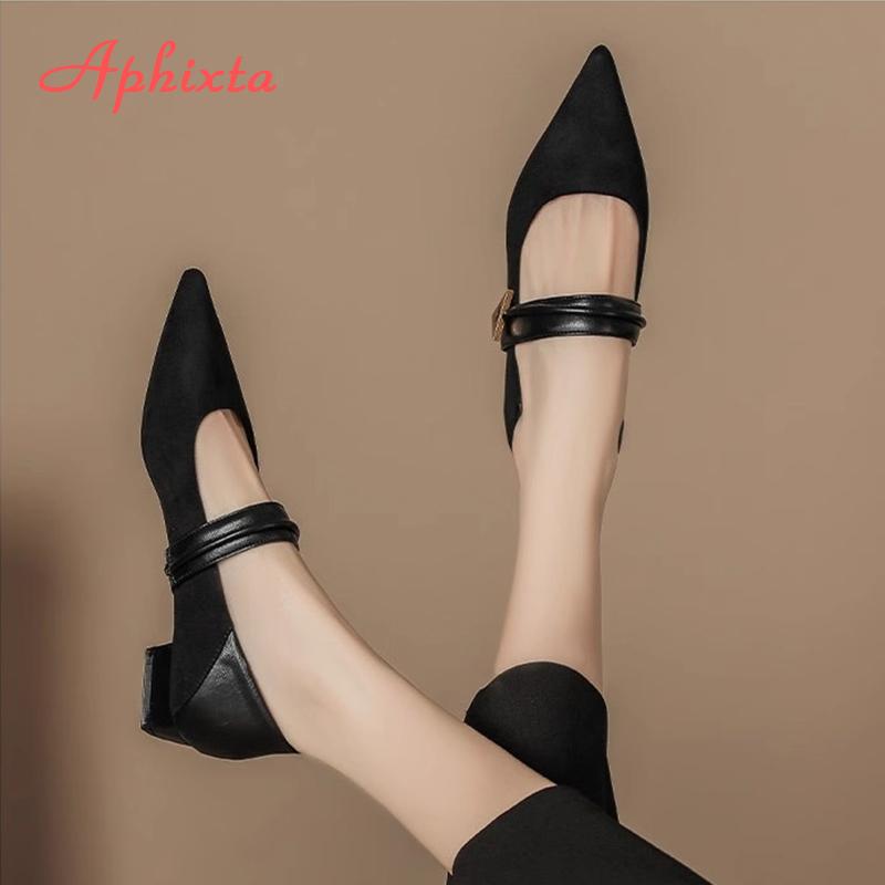 Fashion Aphixta Hot Sale 2cm Black Faux Suede Women's Loafers Pointed Toe Shoes for Women 2025 Spring British Buckle Casual Flats Shoes