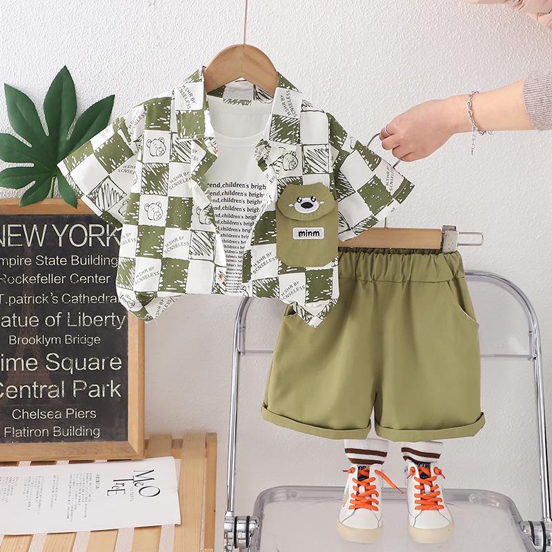 Boys' Summer 2025 Plaid Short Sleeve Shirt & Shorts 3-Piece Set