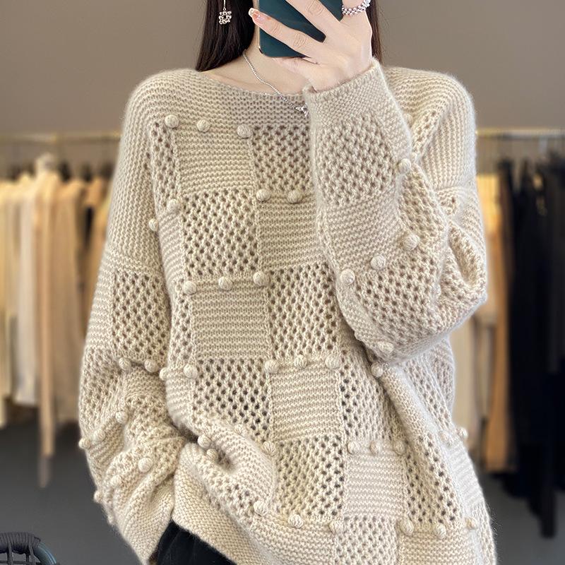 Crew Neck Wool Sweater Autumn And Winter New Pullover Hollow Long Sleeve Fashion Loose Knitted Sweater Wool Inner Bottoming Shirt