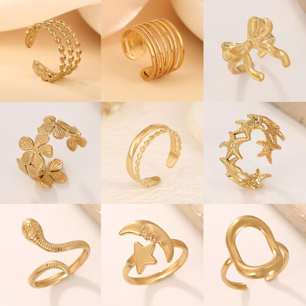 Stainless Steel Gold Color Rings Women Trendy Heart Moon Star Snake Open Rings Geometric Zircon Birthday Gift Wholesale