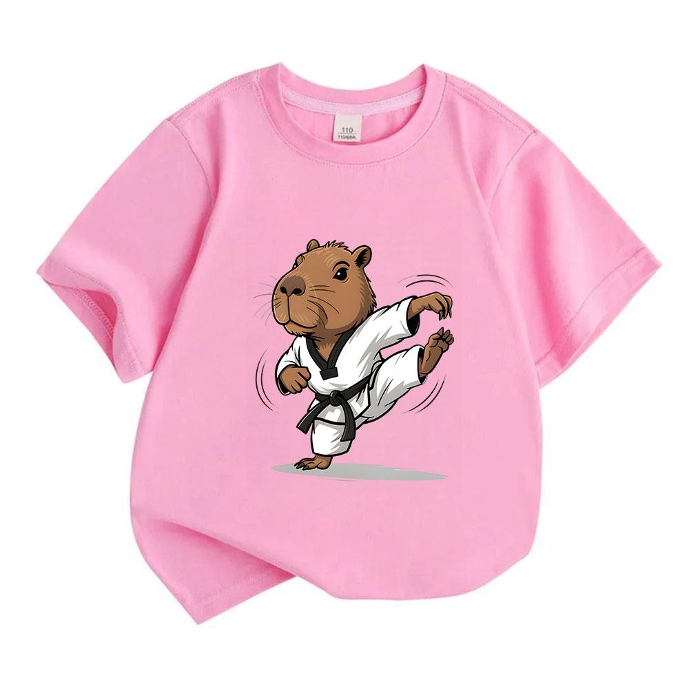 Kids Boys Girls 100% Cotton Crew Neck Short Sleeve T-Shirt, Funny Capybara Taekwondo Karate Martial Arts Cartoon Print Casual Cute Tee for Children Da