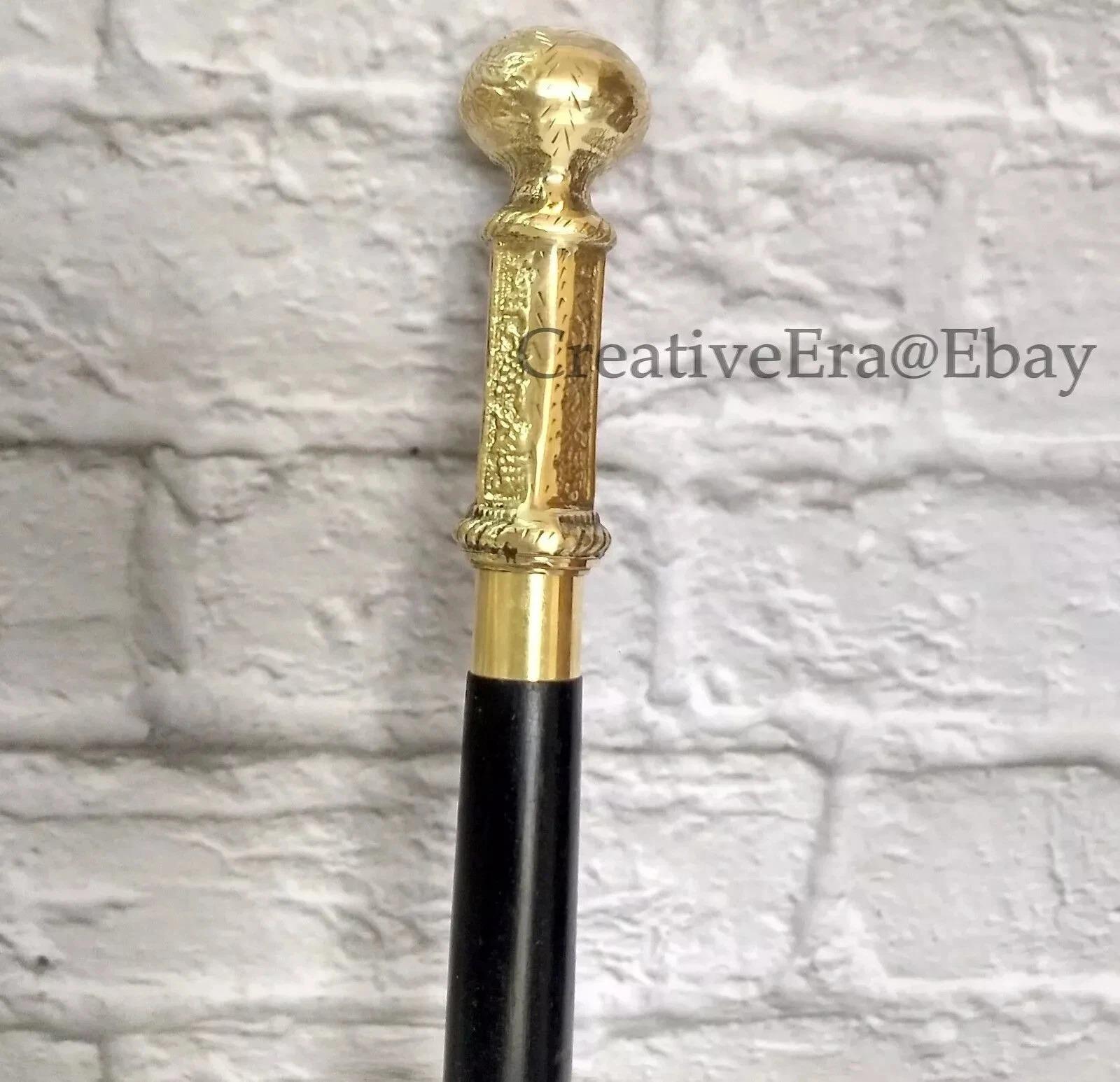 

Designer Brass Long Handle Walking Stick Black Wooden Brass Inlaid Cane Gift золотой