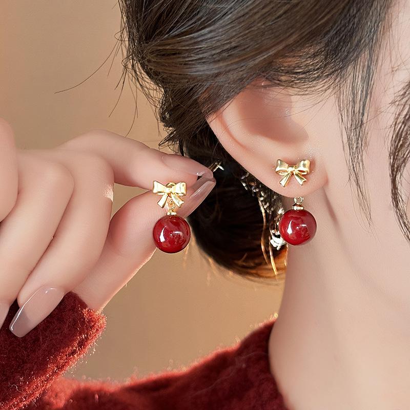 

French temperament round resin bow earrings light luxury stud earrings simple and versatile earrings