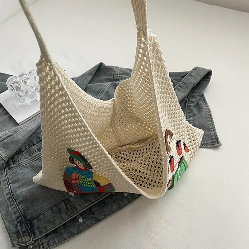 Fashion Hollowed-out Shoulder Bag Cute Cartoon Character Prints Handbag Casual And Lightweight Beach Vacation Bag Large Tote Bag
