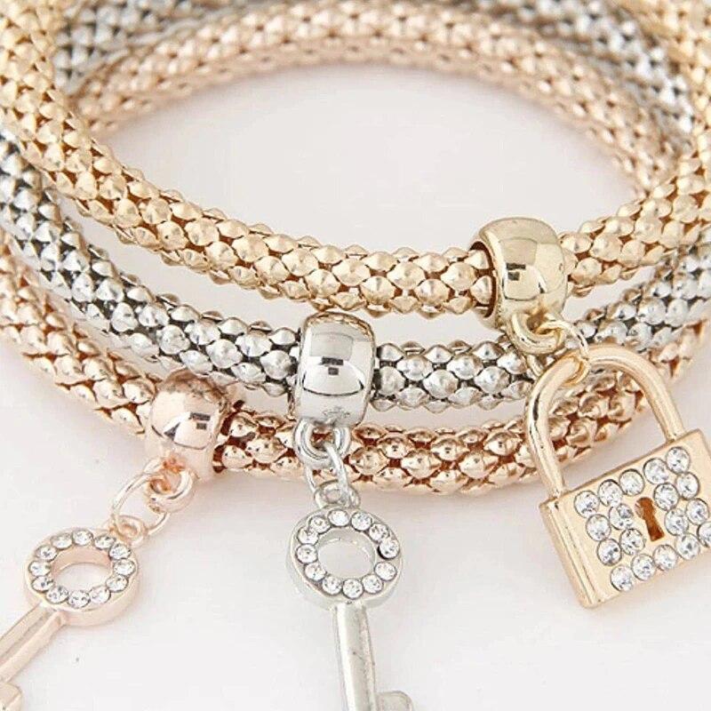 3 PCS Set Heart Lock Key Music Sign Charm Bracelet Owl Rose Gold Plating Copper Color Chain Owm Charm Bangle Jewelry Set