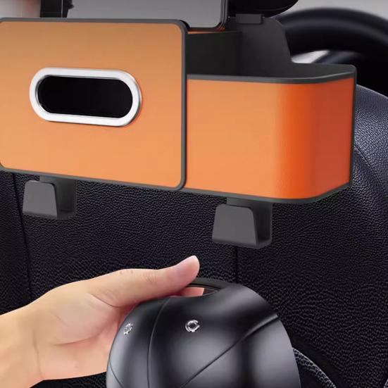 Multifunctional 3?in?1 Car Back Seat Storage Box Faux Leather Backseat Organizer with Tissue Dispenser Cup Holders Hooks for Drinks Phone Handbags