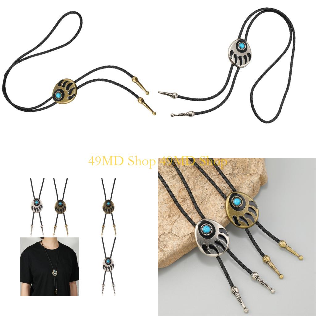 49MD Bear Claw Stone Bolo Tie Western Cowboy Adjustable PU Leather Jewelry Necklace
