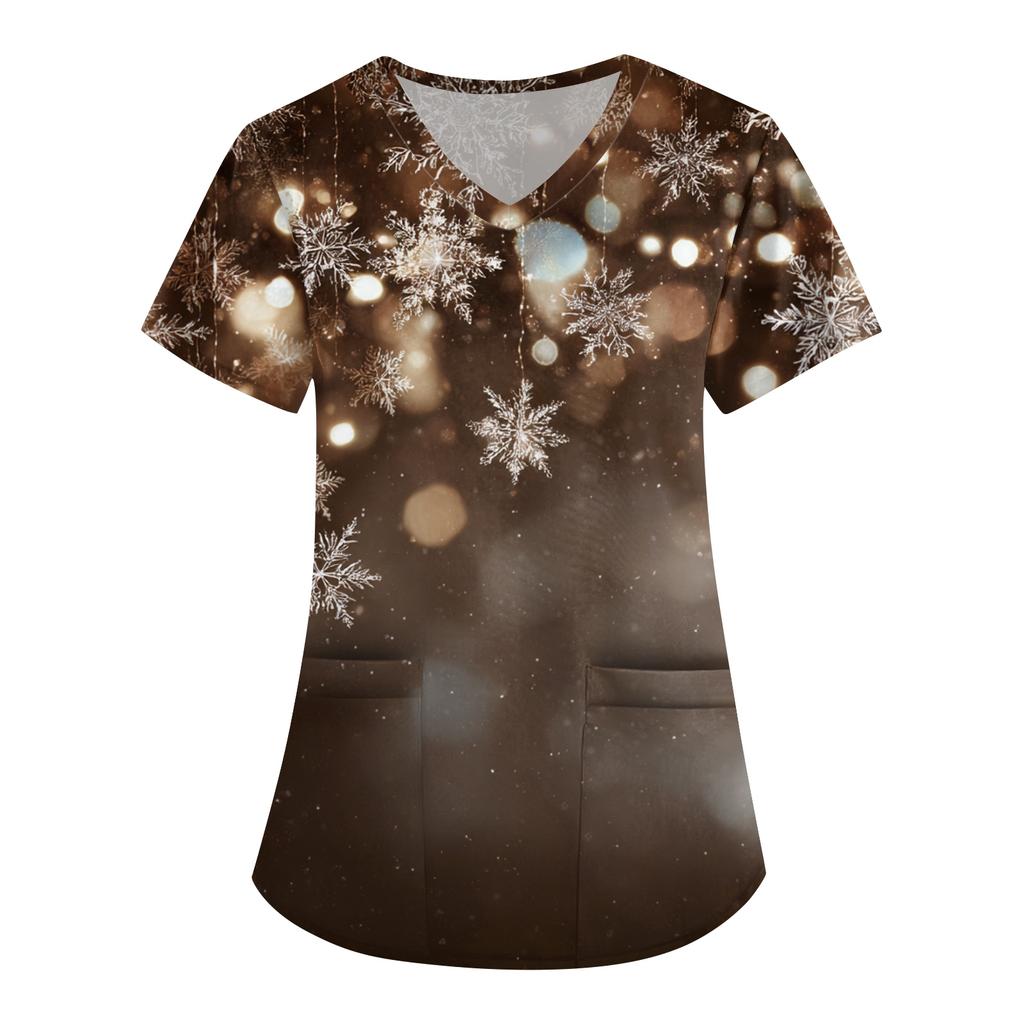 Women's Printing Uniform Work Uniform V-neck Pockets Basic Short Sleeve Pullover Top
