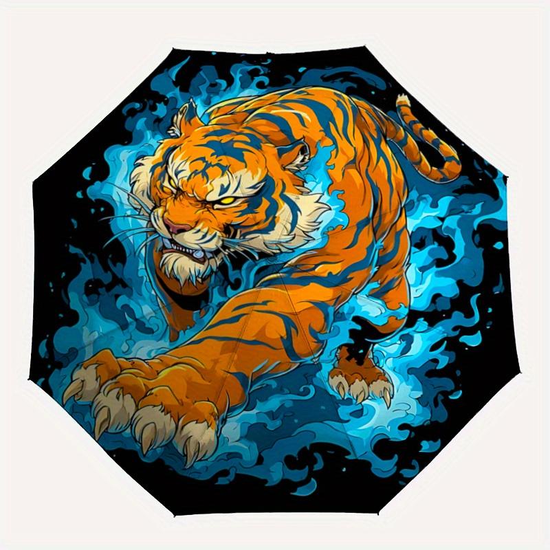 1pc Blue Flame Tiger Pattern Automatic Umbrella Is Fashionable and Good-Looking,  Suitable for Travel and Daily UseC012
