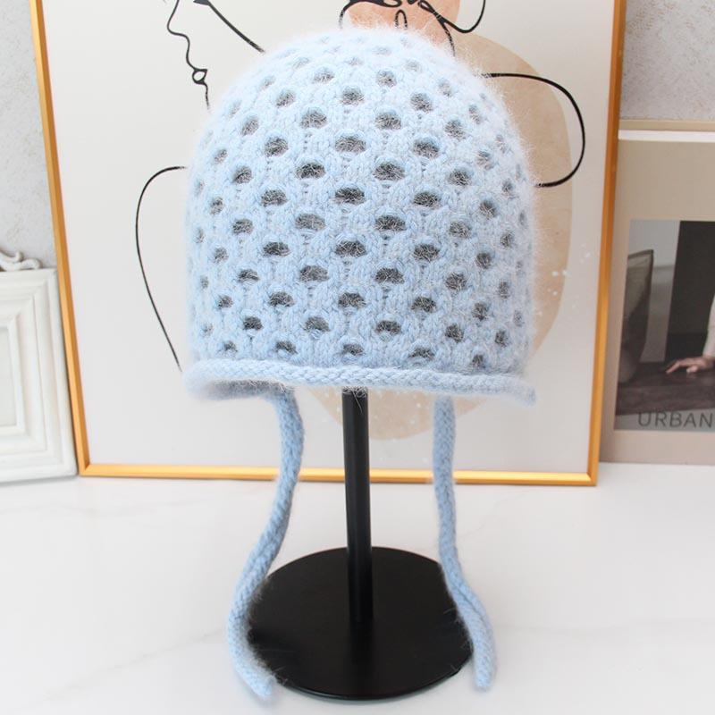 Hollow ear protector knitted hat women's autumn and winter lace-up headgear retro woven wool hat outdoor outing hat