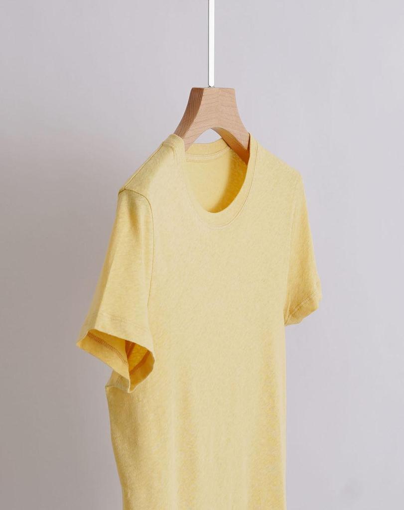 Women's Slim Fit Round Neck Short-Sleeve T-Shirt in Creamy Goose Yellow with Soft Bamboo Linen Cotton Blend