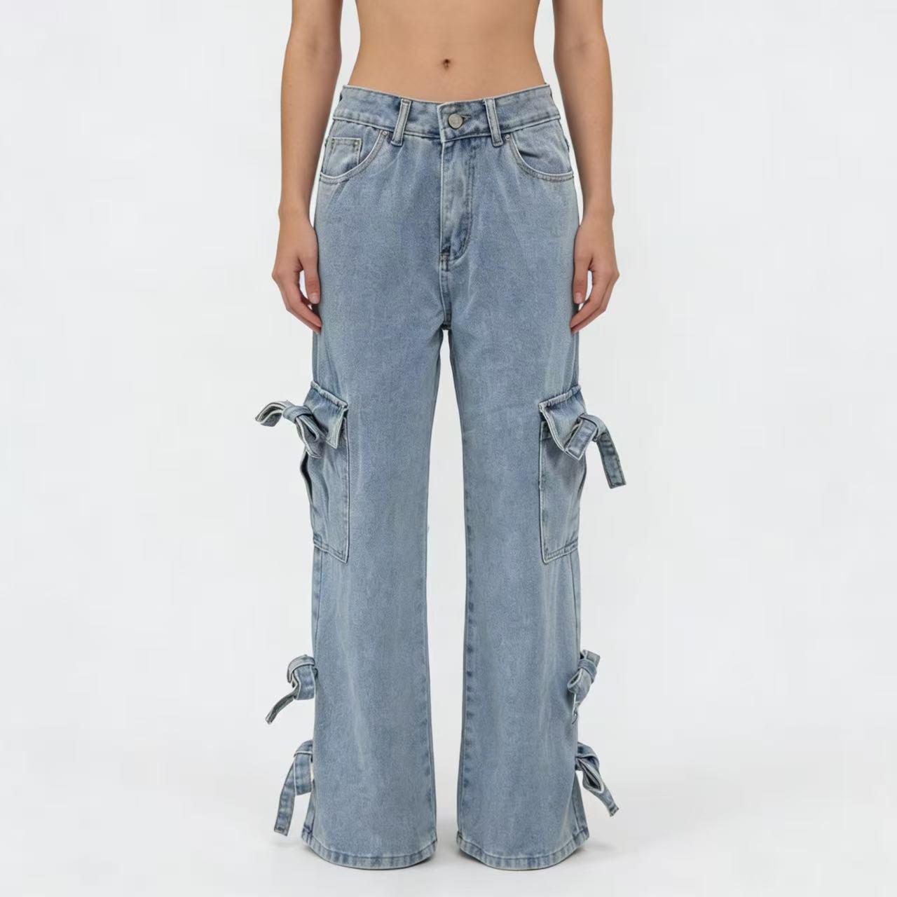 

European-American Mid-Waist Bowtie Workwear Jeans for Women Medium светло-синий