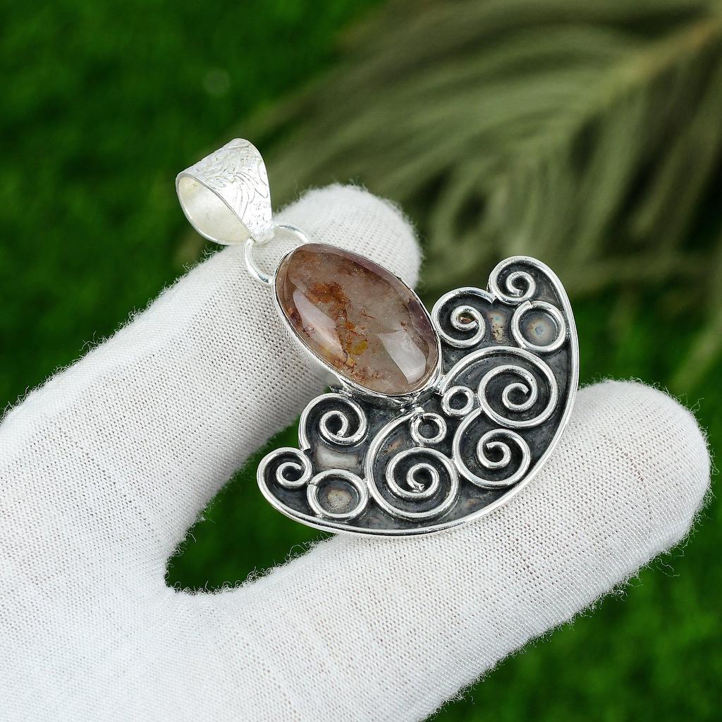 Oval Natural Elestial Quartz Sister Boho Bezel Trendy Pendant Sterling Silver