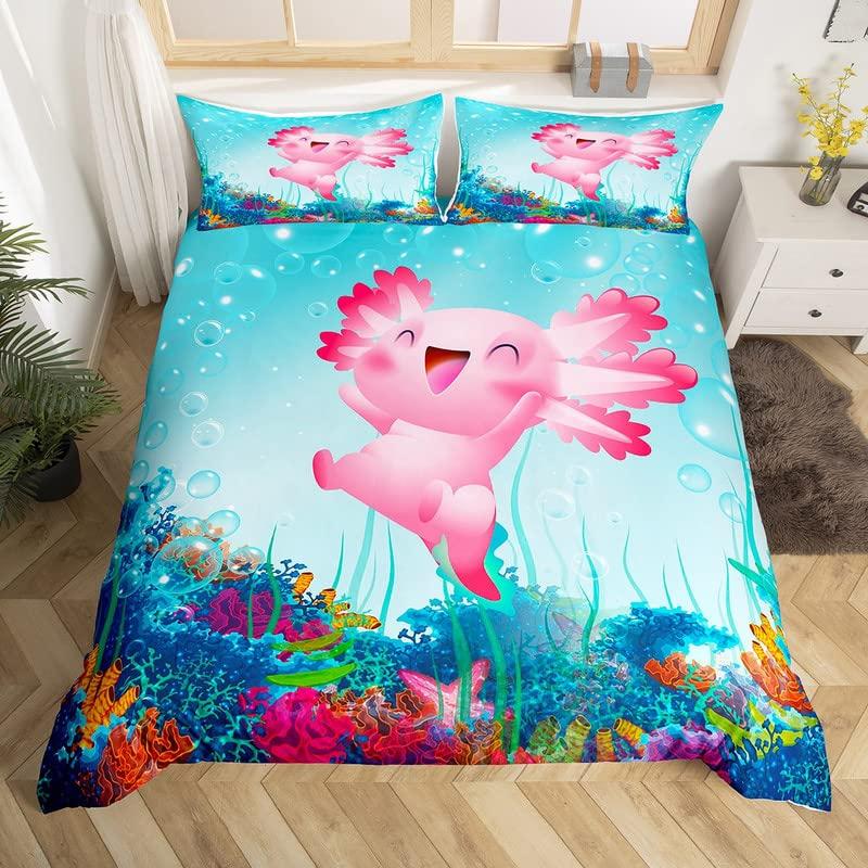 Cartoon Axolotl Duvet Cover Set King/Queen Size Kids Girls Boys Cute Rainbow Sea Wildlife Animal Reptile Bedding Set
