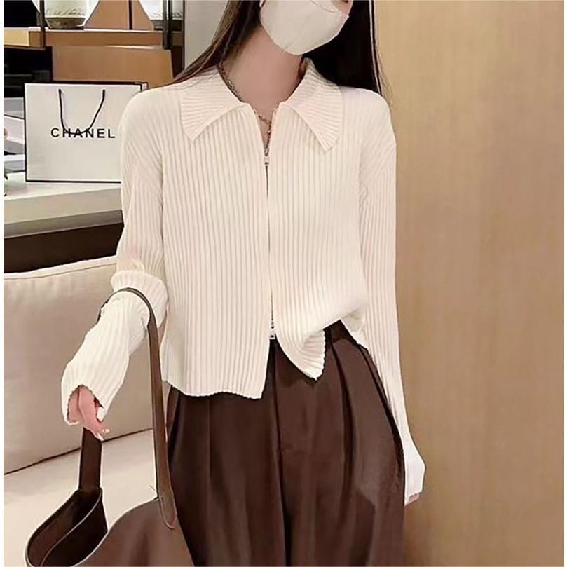 

Однотонный простой рубчик мягкий восковой трикотажный свитер повседневная куртка женский высококлассный американский свитер на молнии с воротником поло 2044-122 (average size) белый