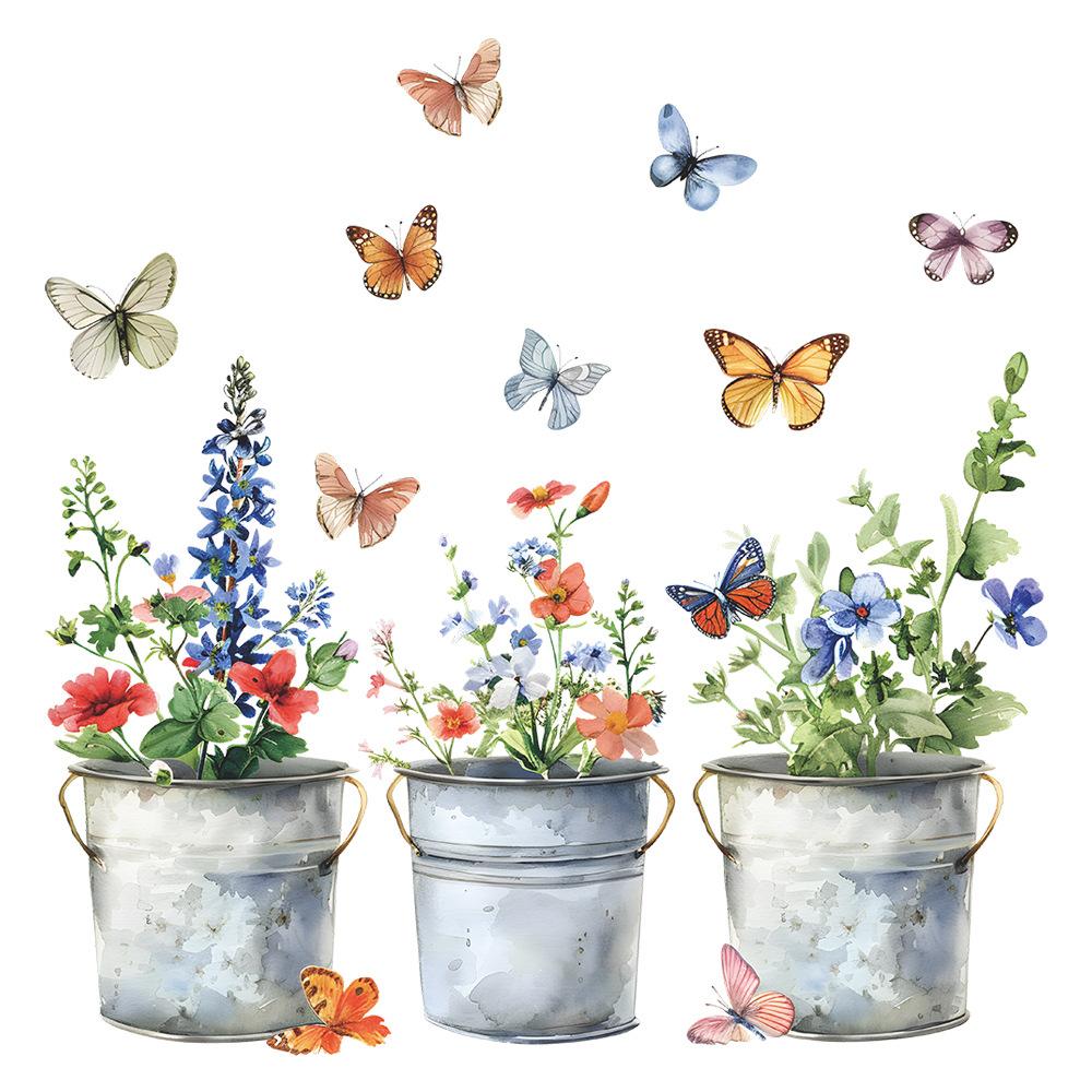 Fun-f158 Iron Bucket Flower Pot Butterfly Glass Doors and Windows Home Landscaping Window Stickers Uv Static