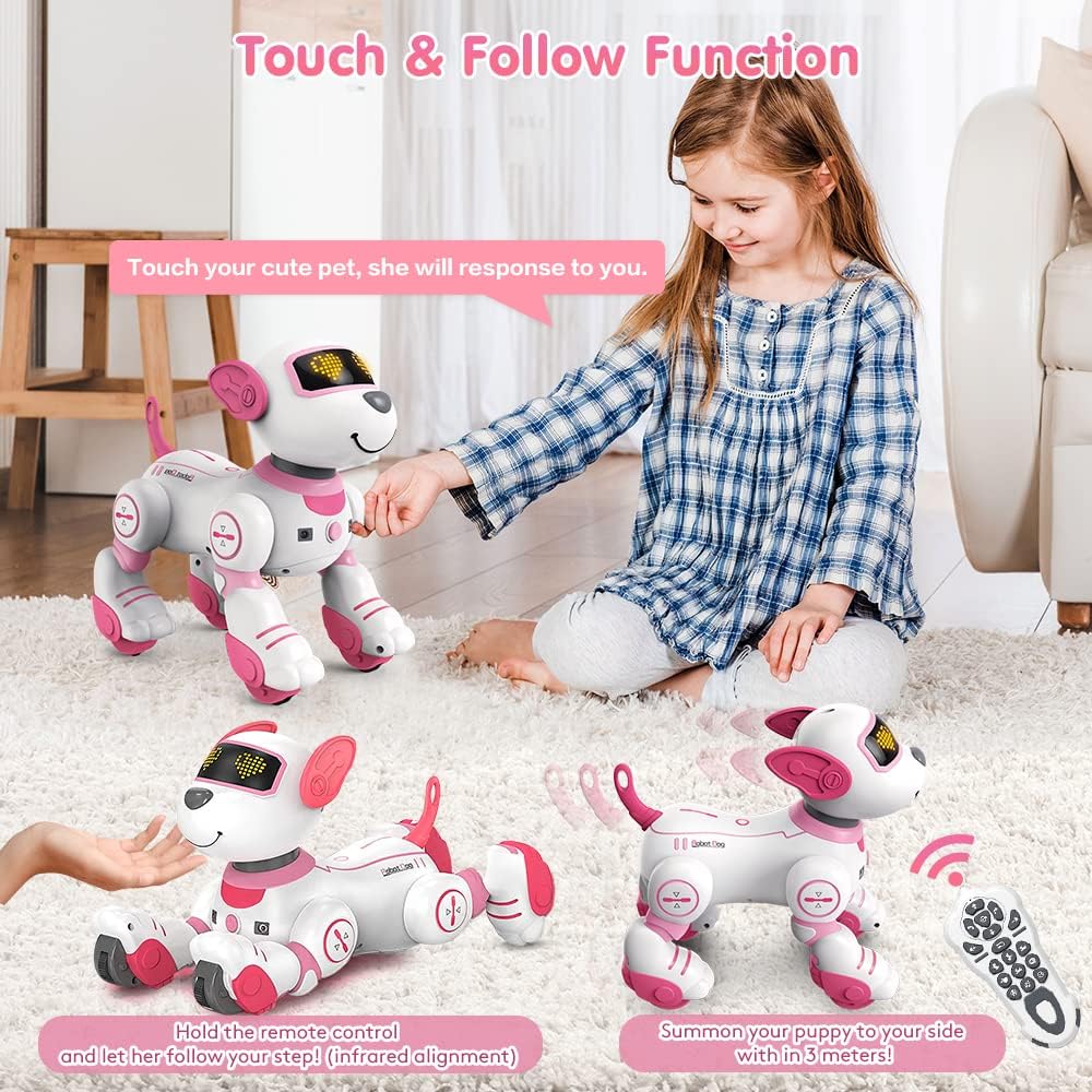 VATOS Remote Control Robot Dog Toy: Interactive Touch & Follow, 17 Functions, Programmable Dance Music RC. For Girls 3-12 Years