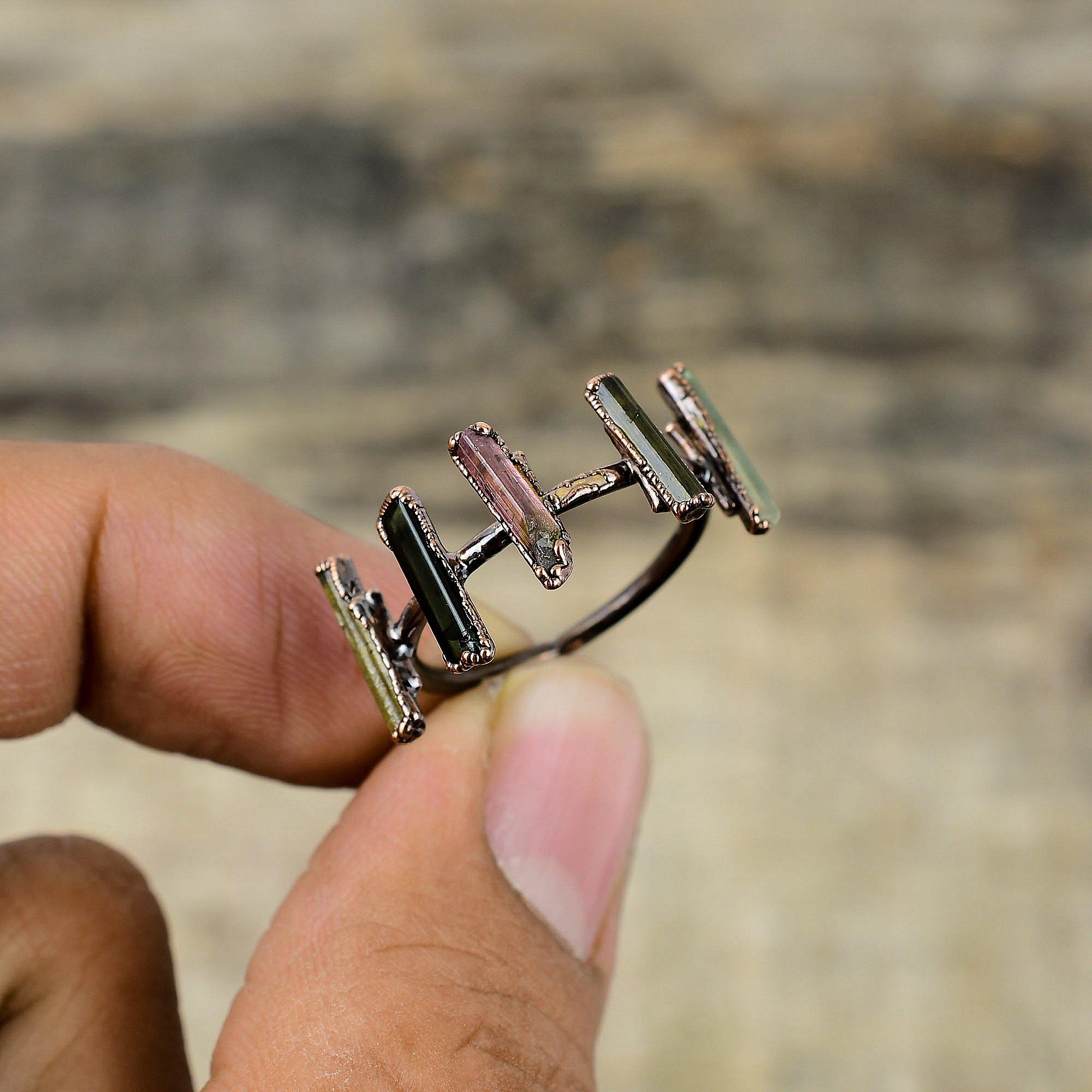 

Multi Tourmaline Rough Ring Electroformed Copper Ring Handmade Boho Rings Electroformed Gemstone Jewelry Gift For Mom Available In Ring Size Adjustable