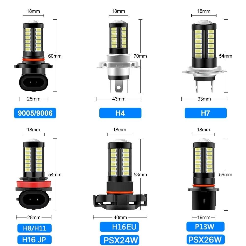 2pcs 12-24V H7 H4 H11 5730 Chips 33smd 9005 HB3 HB4 9006 LED Bulbs Fog Lamp Headlight Bulb Running Light Car Driving Light 6000K