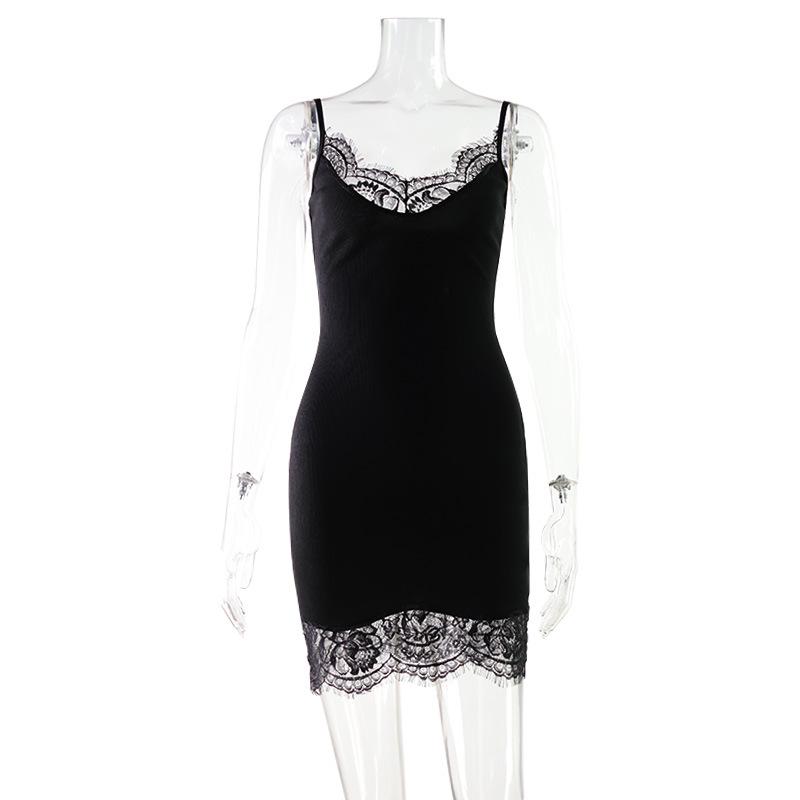 European & American Women's Sexy Spaghetti Strap Dress with Lace Trim