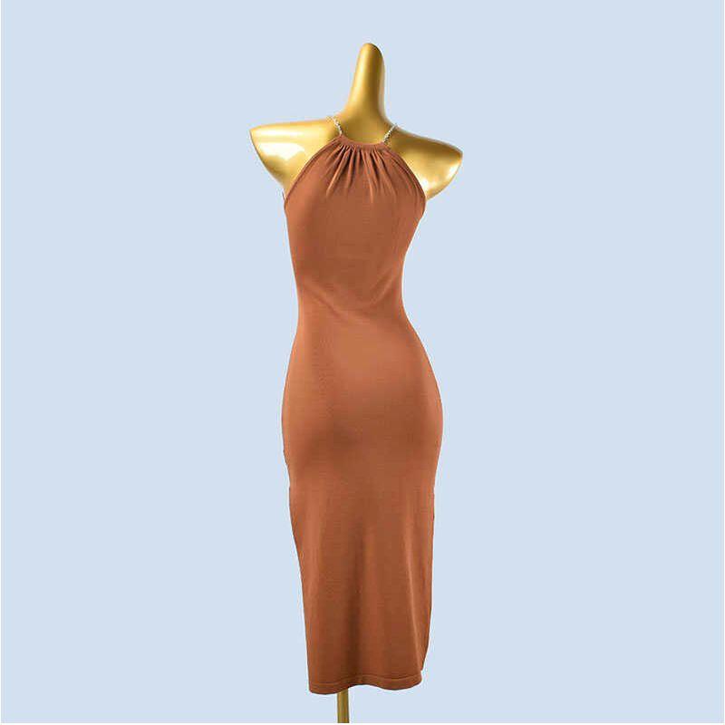 Sexy Sweet and Spicy Pleating Hanging Neck Metal Chain Backless Solid Sleeveless Knitted Ice Silk Vest Dress Summer