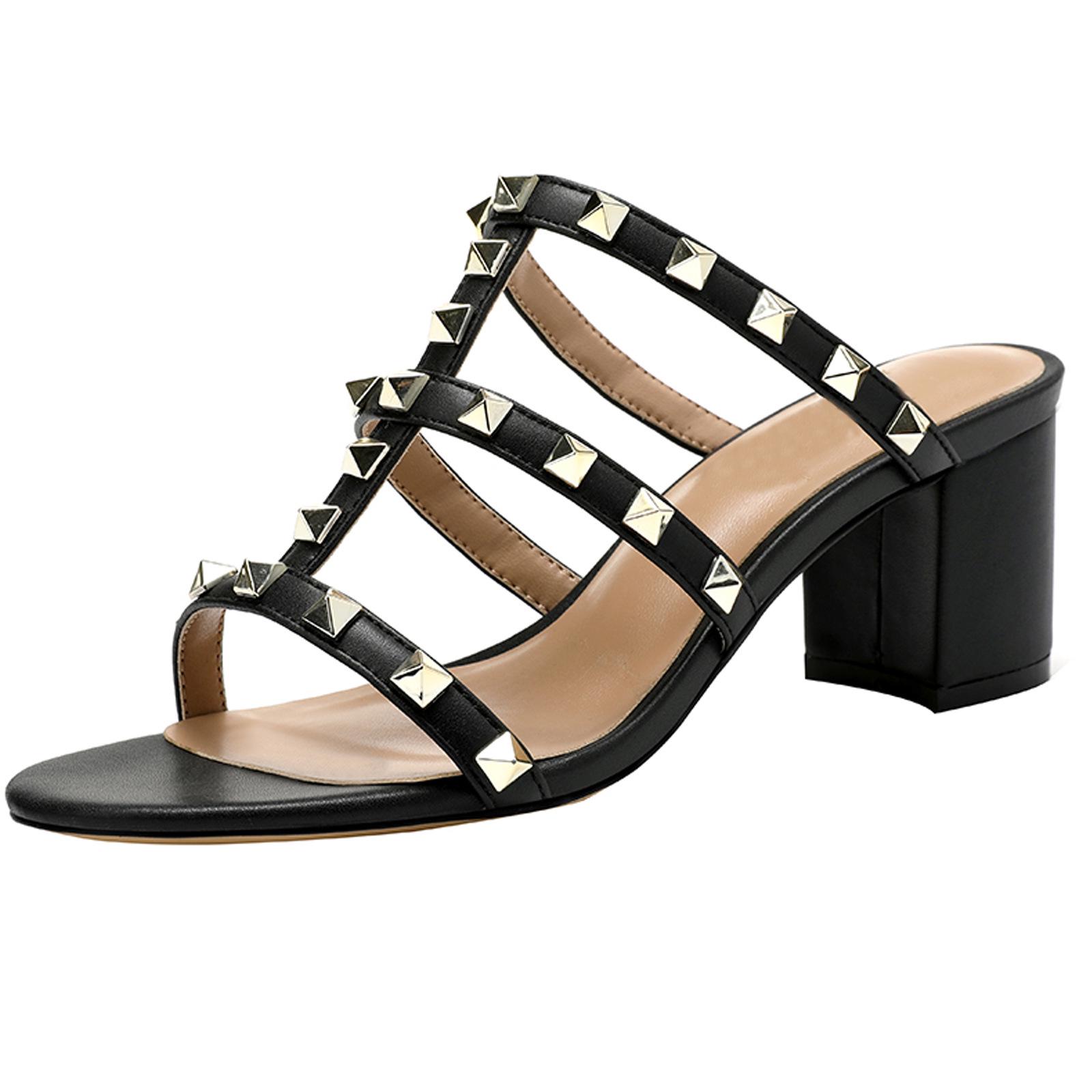 Roman Sandals Women s 2025 Chunky Heel Rivet Open Toe Slippers for Outdoor Beach Vacations 34