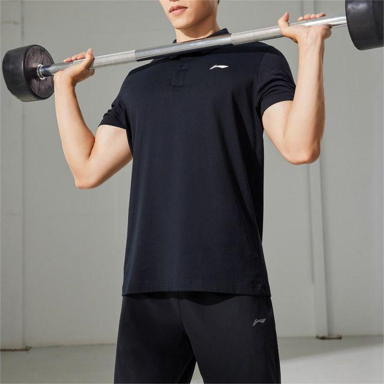 Li-Ning Fitness Series Solid Color Logo Print Casual Short Sleeve Polo Shirt Men Polo Shirts Black APLT321-2