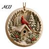 Snow Scene Xmas Decorations Acrylic Christmas Red Bird Ornament, Pattern Tree Hanging Ornaments Decor, Retro Round Pendant for Winter Holiday Party