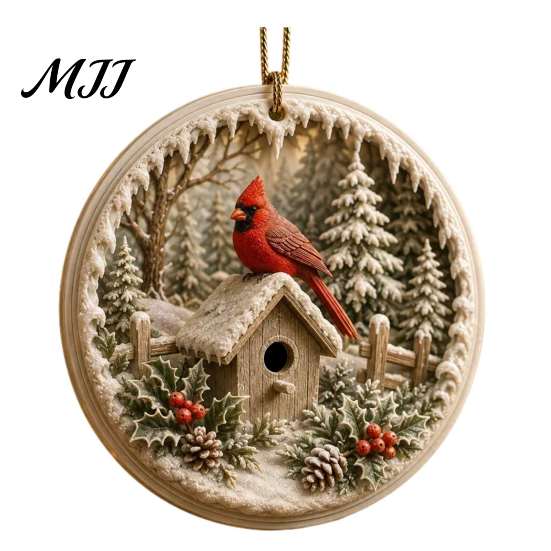 Snow Scene Xmas Decorations Acrylic Christmas Red Bird Ornament, Pattern Tree Hanging Ornaments Decor, Retro Round Pendant for Winter Holiday Party