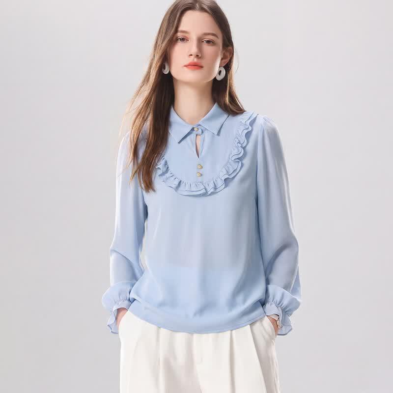 Snowforte Women s 16 Momme Silk Ruffle Lapel Blouse L синий