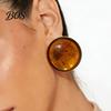 French Earrings 1 Pair Stud for Women, Large Round Amber Resin with Natural Color Matte Metal Edges, Exaggerated Geometric Daily Wear Party Jewelry