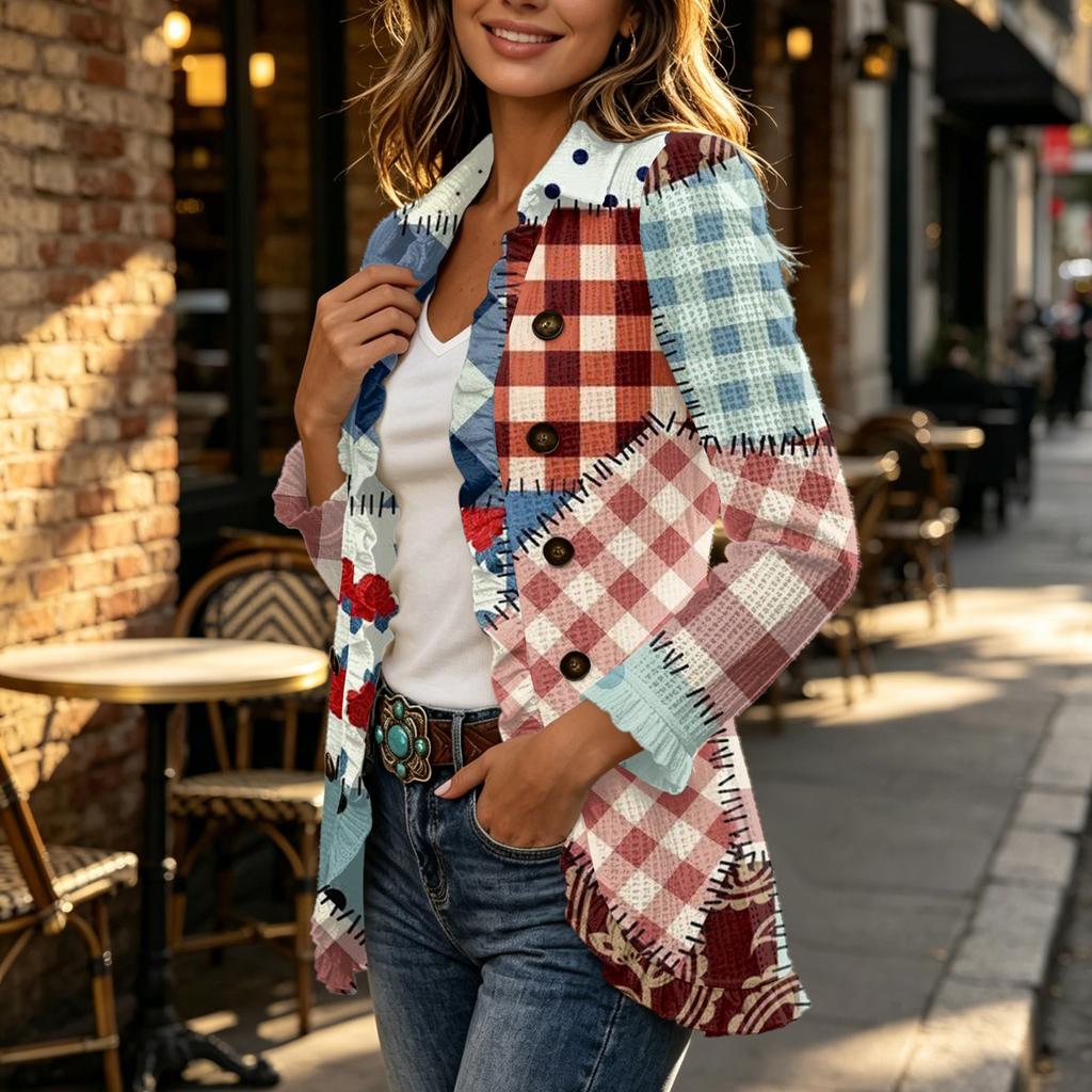 Women's Fashion Plaid Print Long Sleeve Ruffled Open Front Jacket