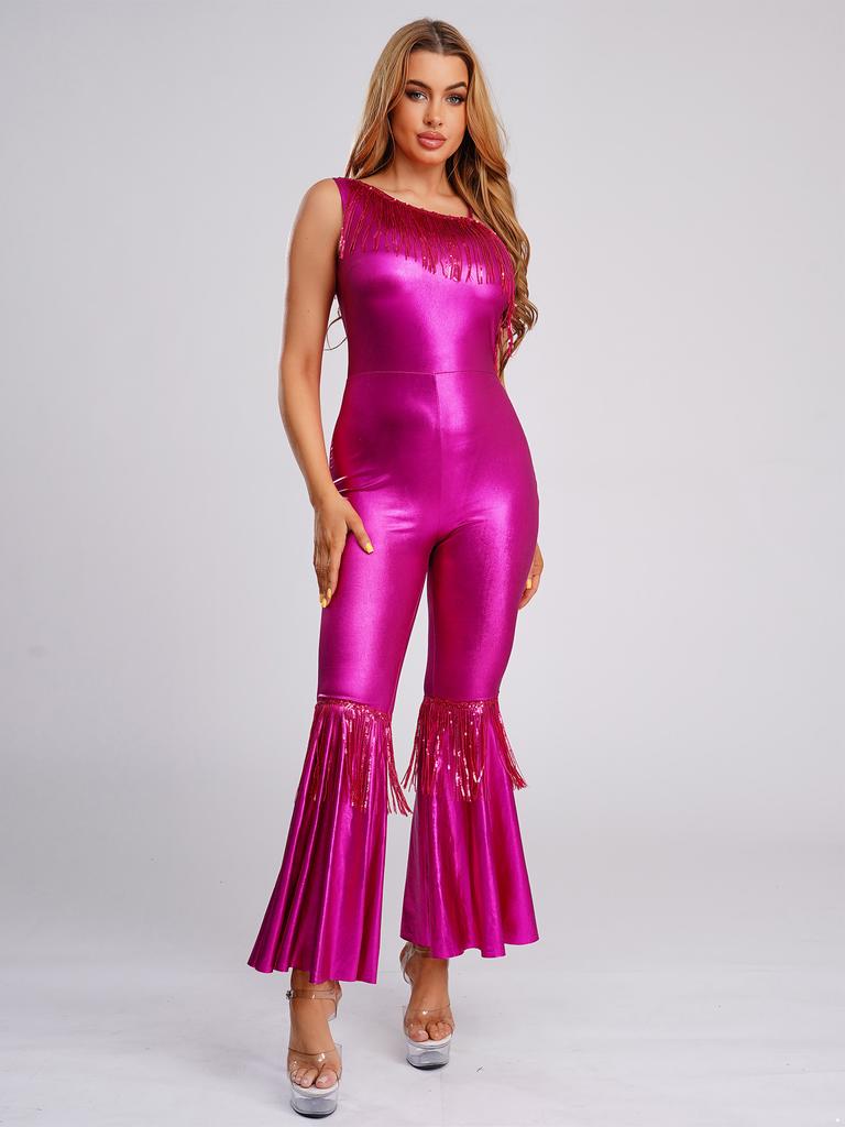 Schlaghosen-Jumpsuit für Damen S-3XL: Pailletten-Quasten-Einteiler mit einem Schulterträger, ärmellos, mit metallischem Glanz für Halloween