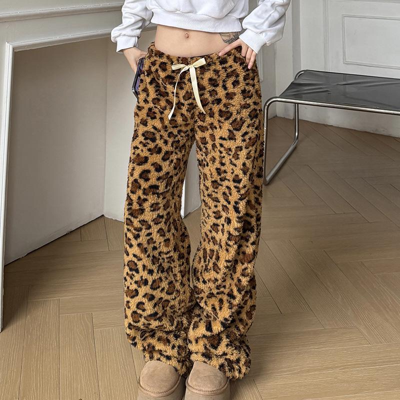 Women's Drawstring Tie Loose Personalised Leopard Print Plush Casual Elastic Low Waist Skinny Niche Straight Leg Pants