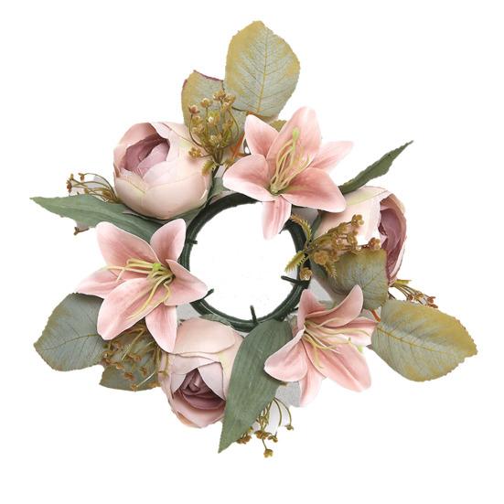 Mini Artificial Wreath Candle Ring Realistic Faux Lily Rose Garland with Plastic Base Candle Wine Decoration Weddings Party Dining Table Centerpiece