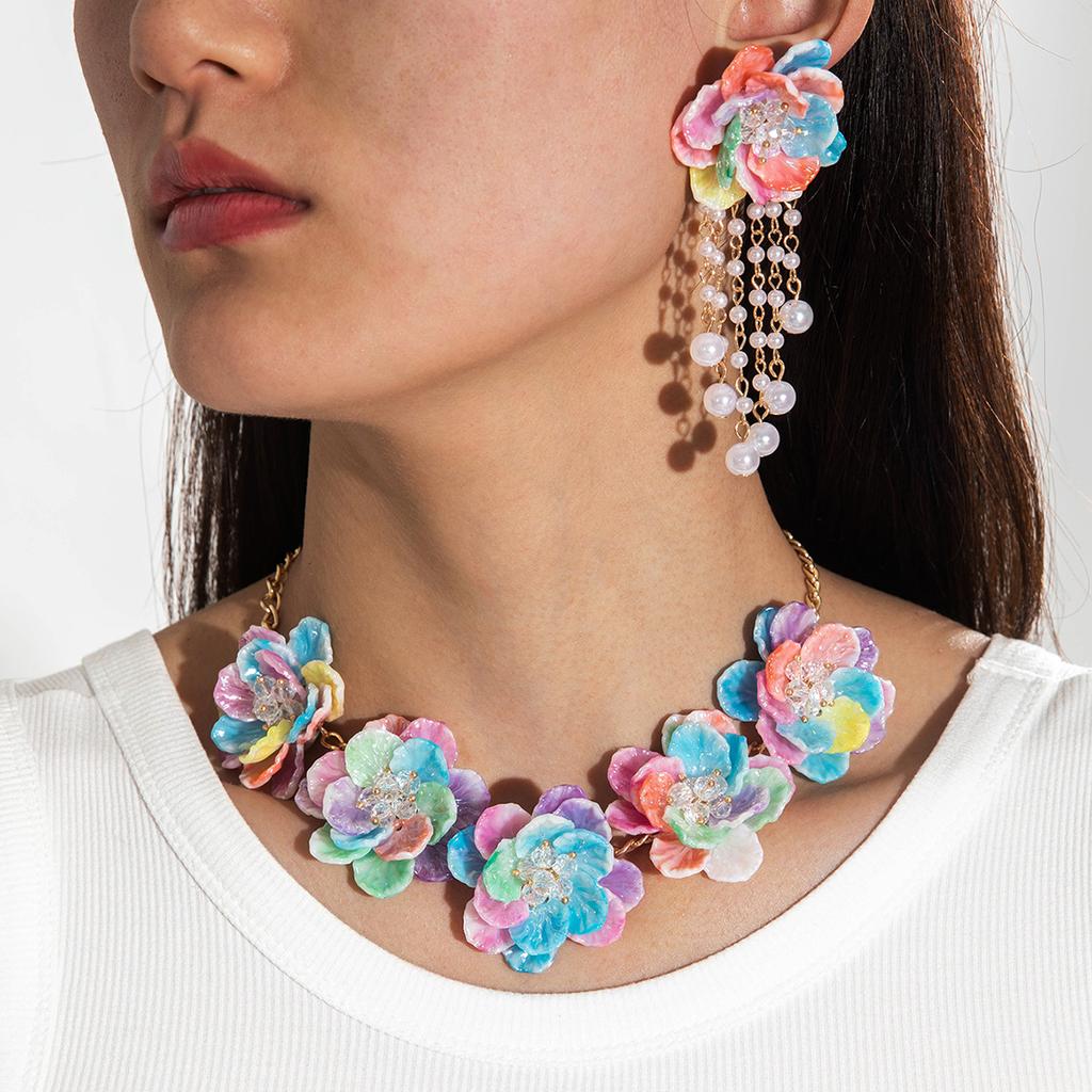 Colorful Three-dimensional Flower Short Necklace Collarbone Chain Earrings For Women